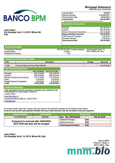 Włochy Banco BPM wyciąg z kredytu hipotecznego szablon Word i PDF
